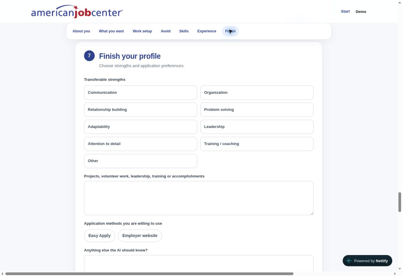 Add transferable strengths and application preferences. — live website screenshot