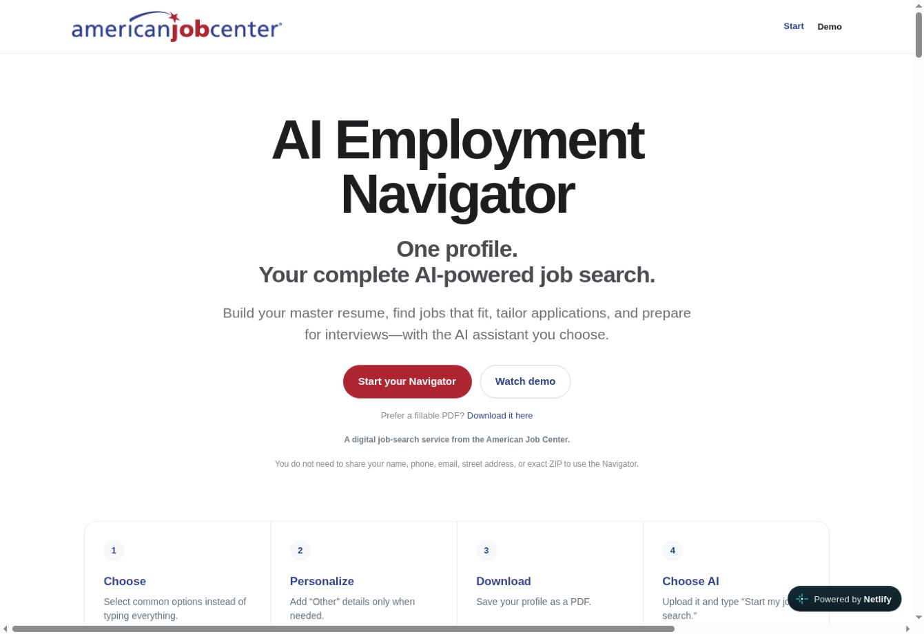 Actual AI Employment Navigator homepage