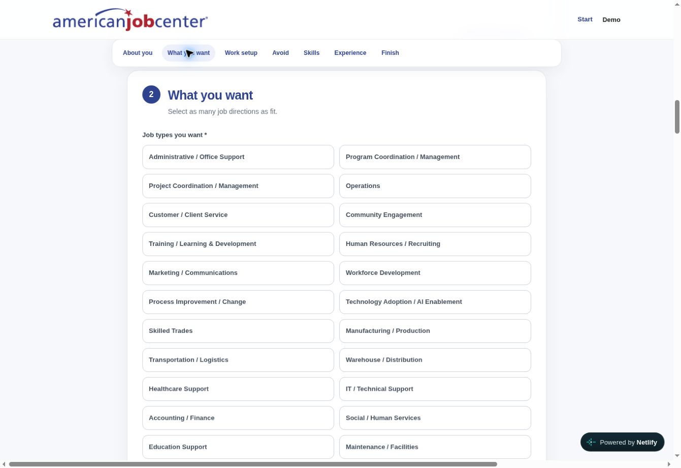 Choose target roles and industries to define the job search. — live website screenshot