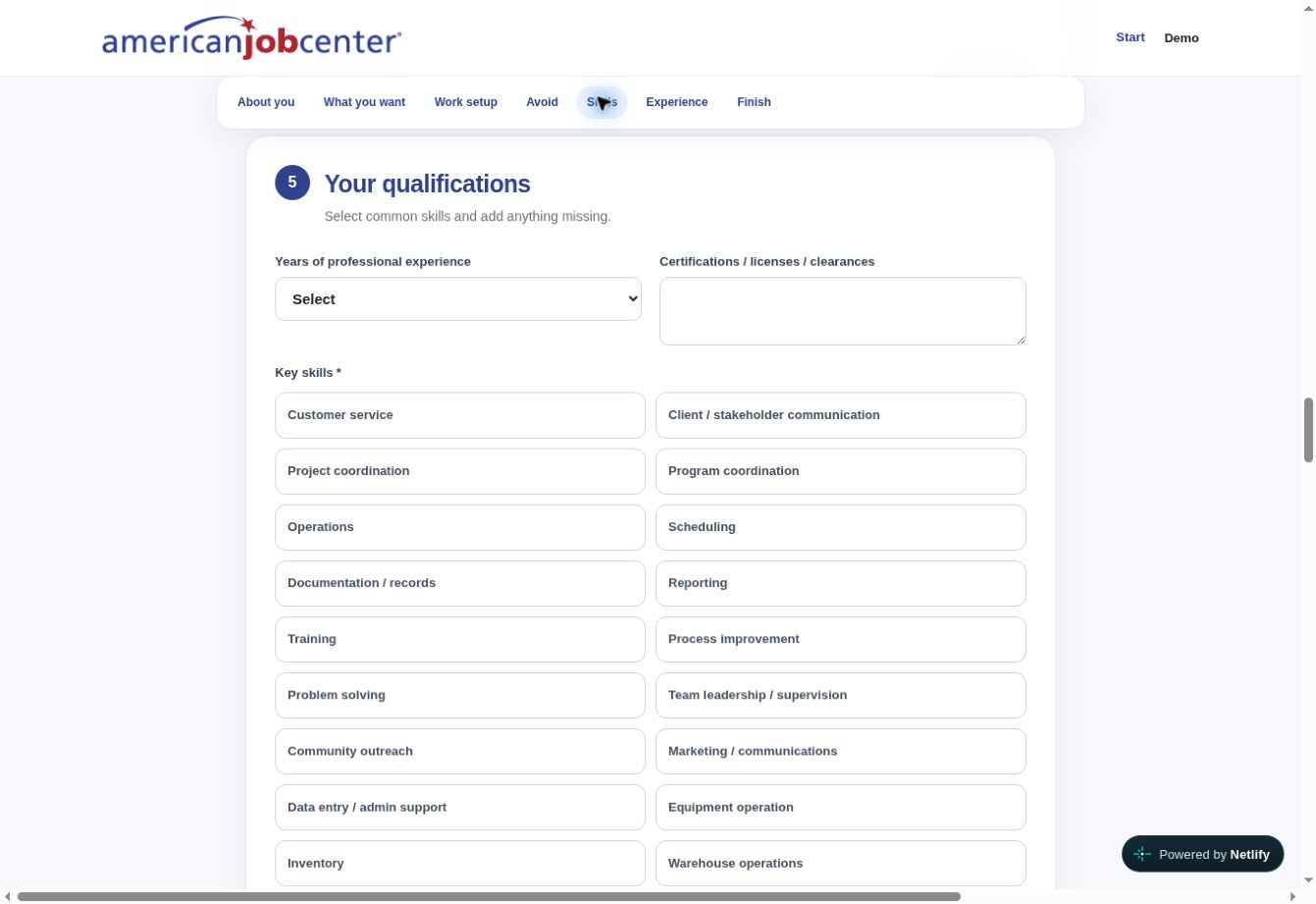 Capture experience, qualifications, and relevant skills. — live website screenshot