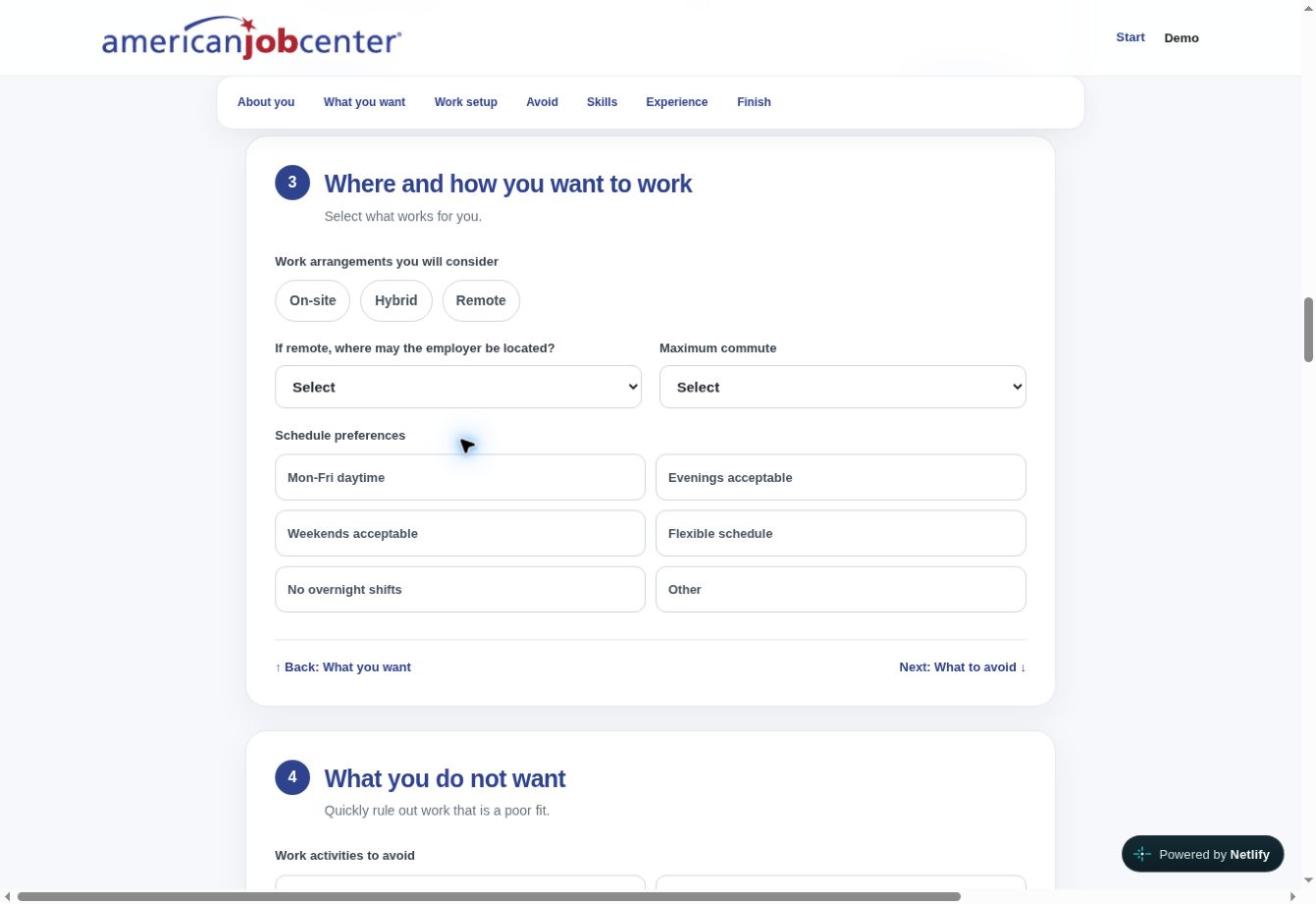 Actual Employment Navigator work-arrangement and schedule preferences