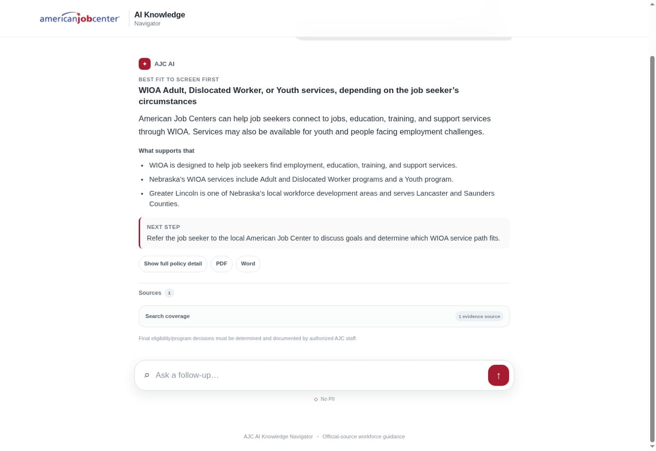 Ask a workforce question and receive a clear summary with a suggested next step. — live website screenshot