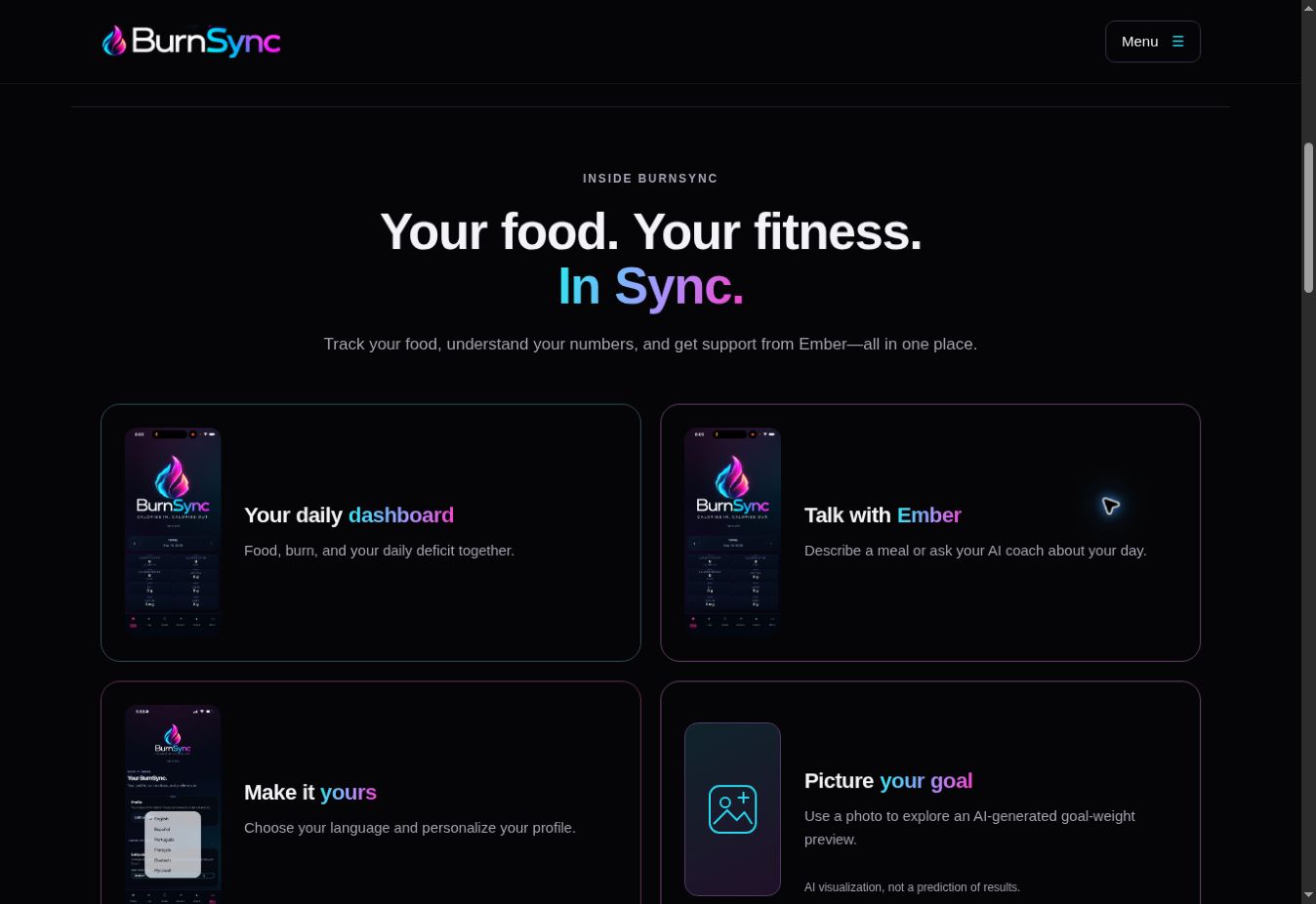 BurnSync website showing the app dashboard, voice coach, personalization, and goal-preview features