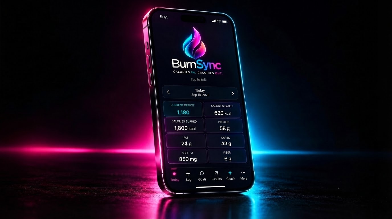 BurnSync promotional phone image with its neon flame logo and nutrition dashboard