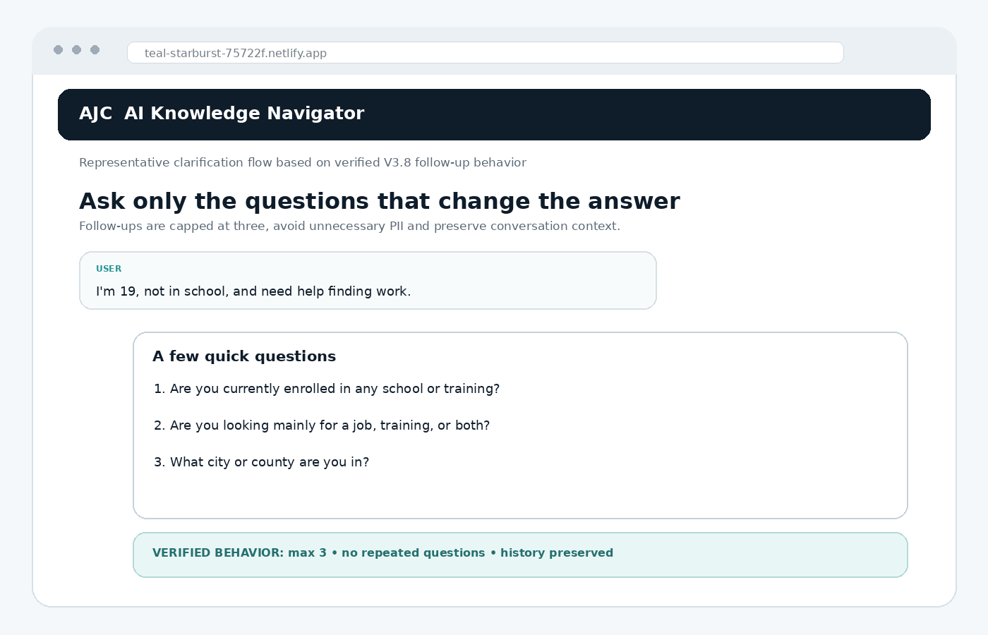 Representative AJC AI Knowledge Navigator follow-up question flow