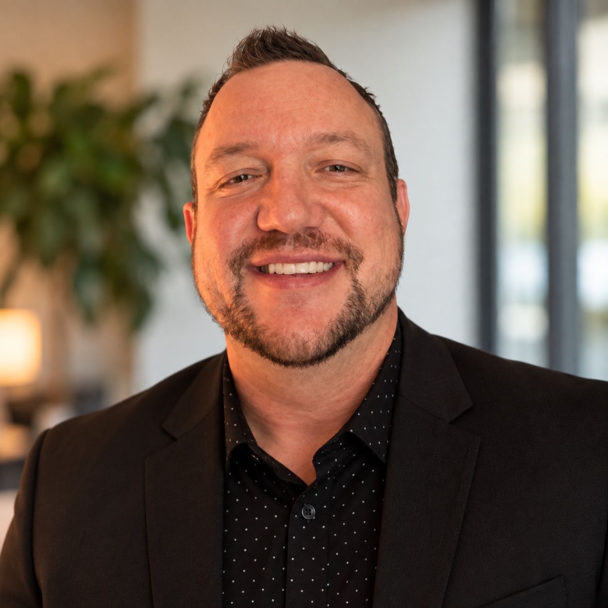 Ryan Uher, smiling in a black blazer